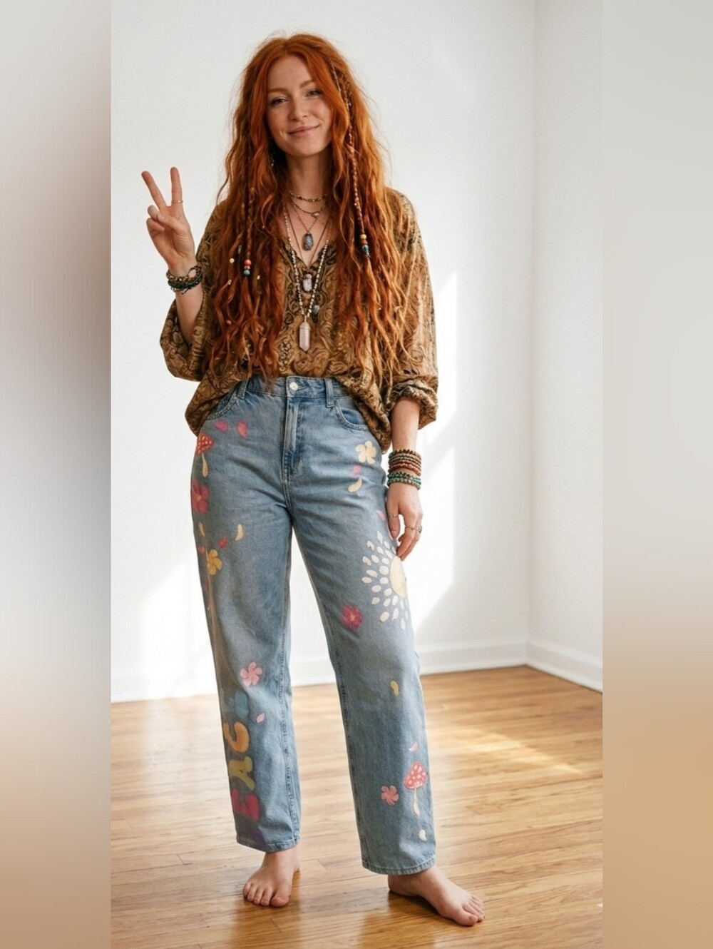 WILD FABLE 🌻🌳🌸 Light Wash Straight-Leg Jeans with Colorful Floral Artwork
